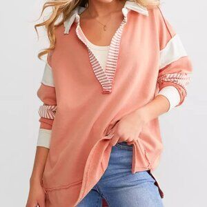 Free People Clean Prep polo rugby shirt XL peach